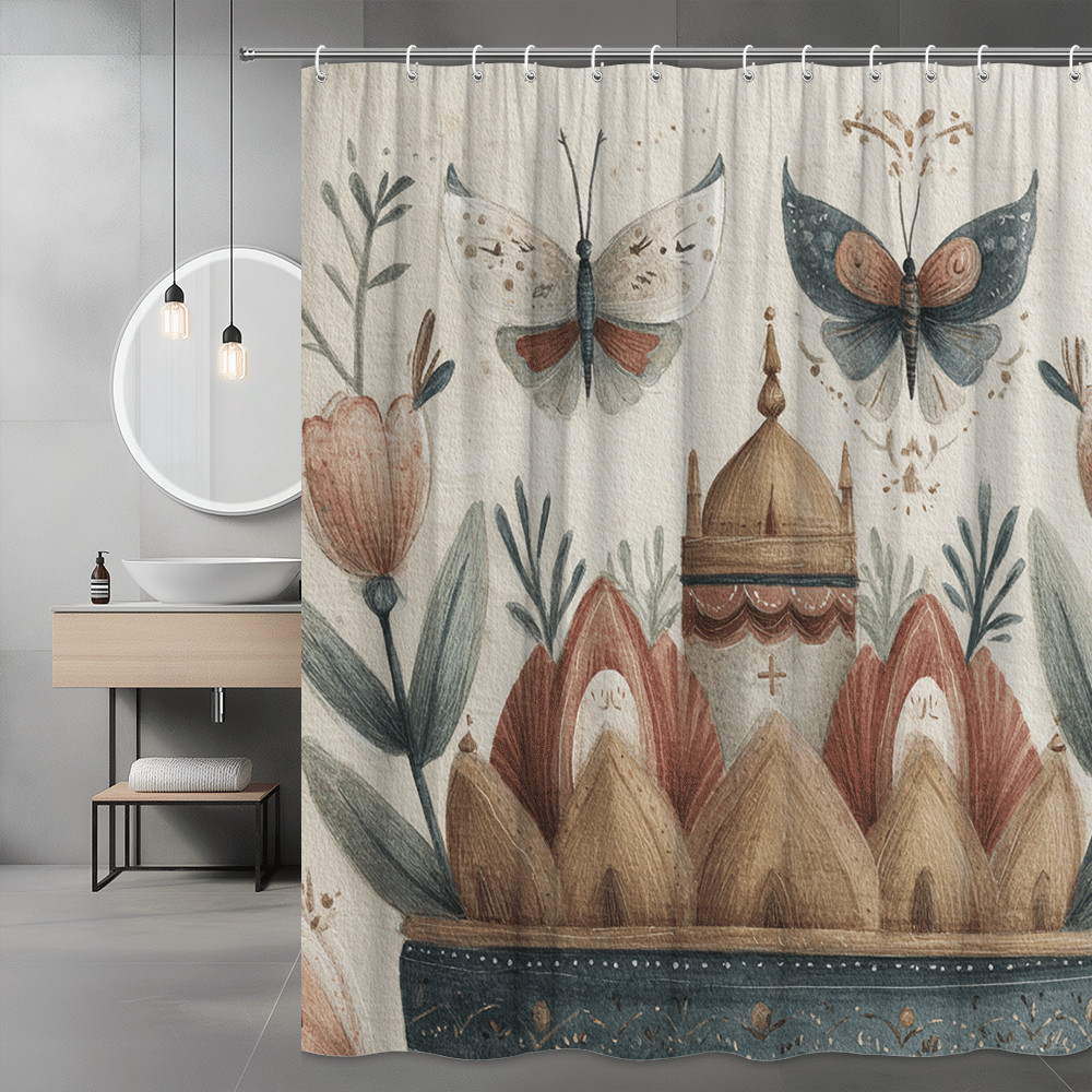Boho Floral Butterfly Shower Curtain, Sage and Rust Print
