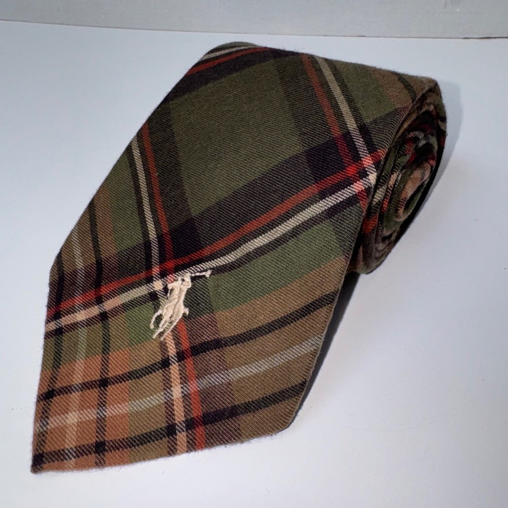 Polo Ralph Lauren Necktie Mens Green Plaid Cotton Pony Logo Made in USA