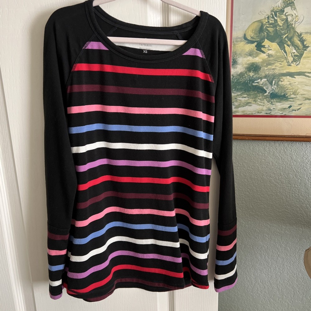 Talbots Women's Purple Long Sleeve T-Shirt Size XS Colorful Stripes On Black