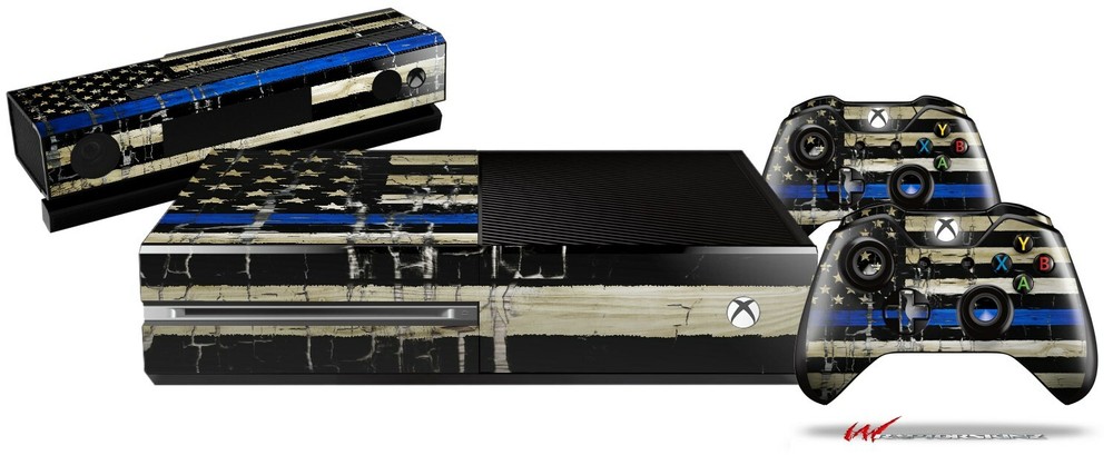 Painted Faded Cracked Blue Line Stripe USA American Flag Skin for XBOX One