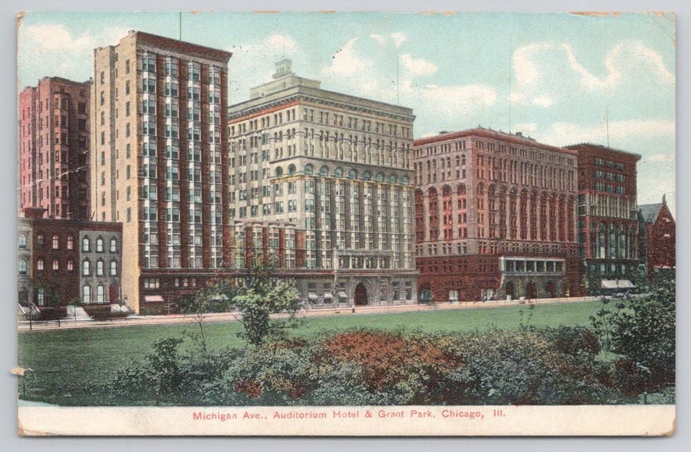 1909 Chicago Michigan Ave Auditorium Hotel Grant Park Leipzichrome Postcard