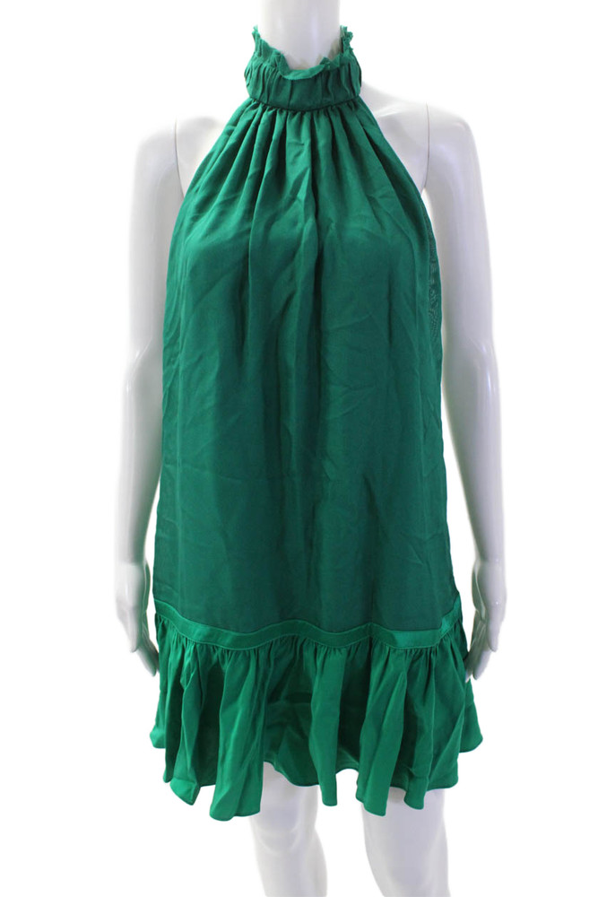 Jay Godfrey, Women, Trapeze Swing Green Silk High Neck Mini Dress, Size 2Free Shipping in US $100+ Orders | $6.95 Orders Below