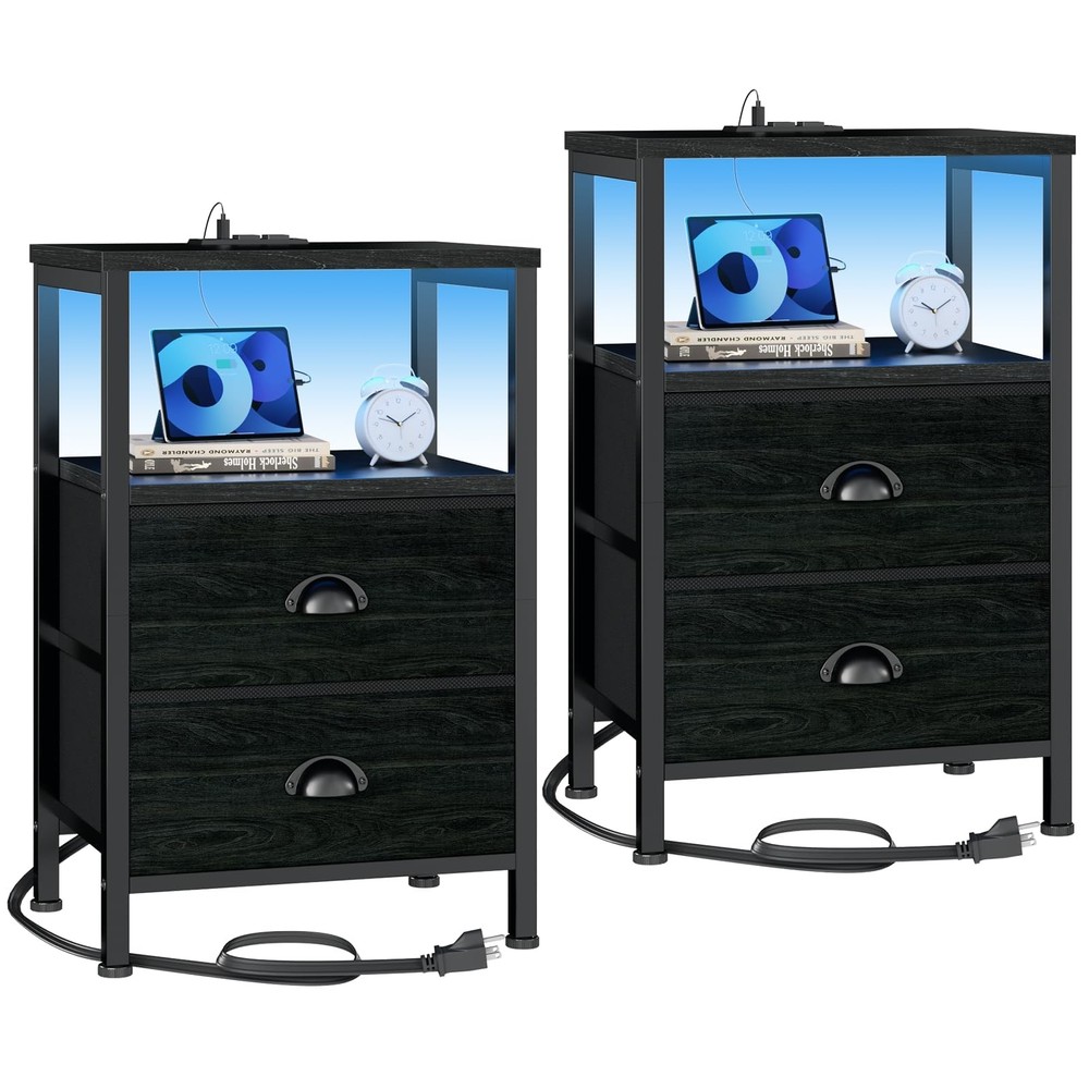 Nightstands Set of 2, End Tables with Charging Station and LED Lights, Black ...