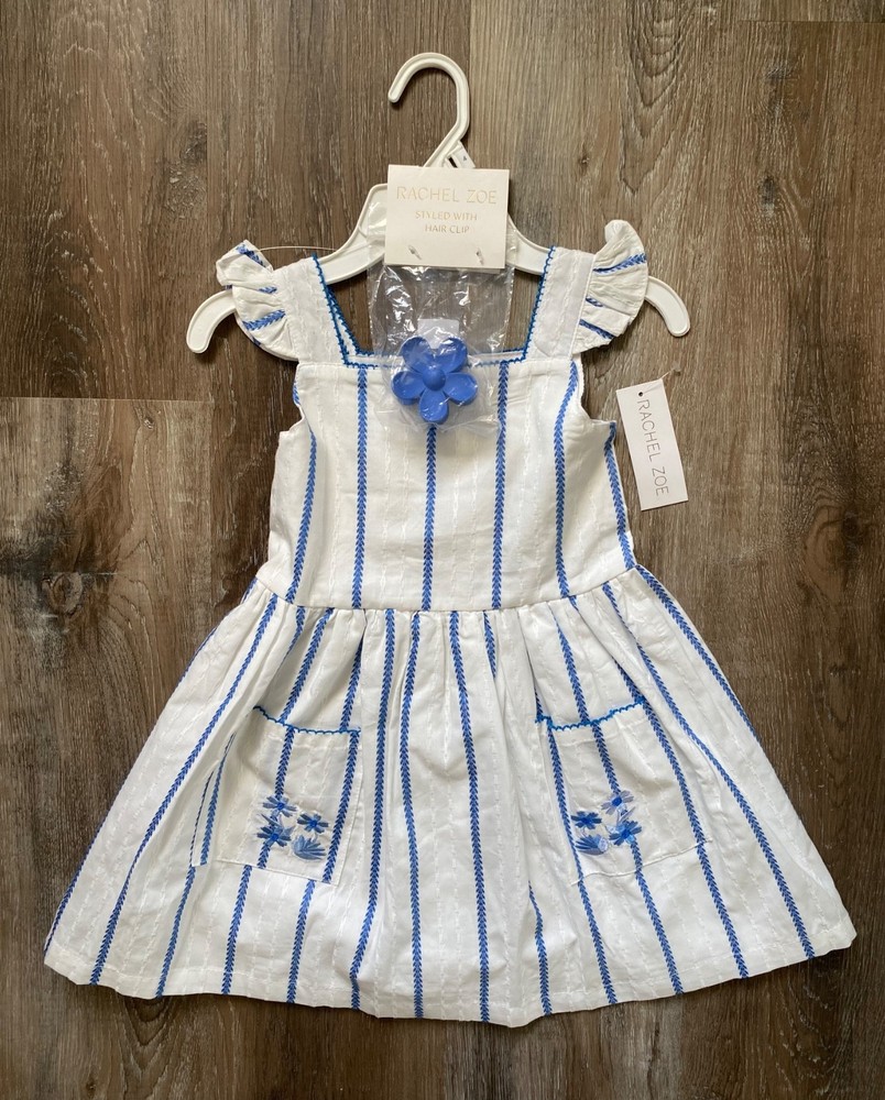 RACHEL ZOE nwt white & blue striped floral dress & hair clip~girl's size 4~NEW