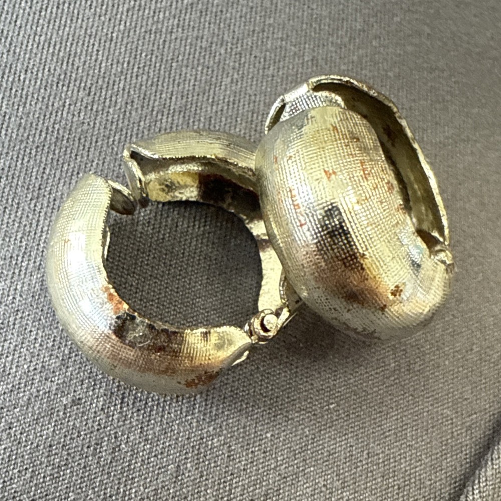 Vintage Silver Tone Hoop Clip On Earrings, Textured Design, minimal, Tarnished