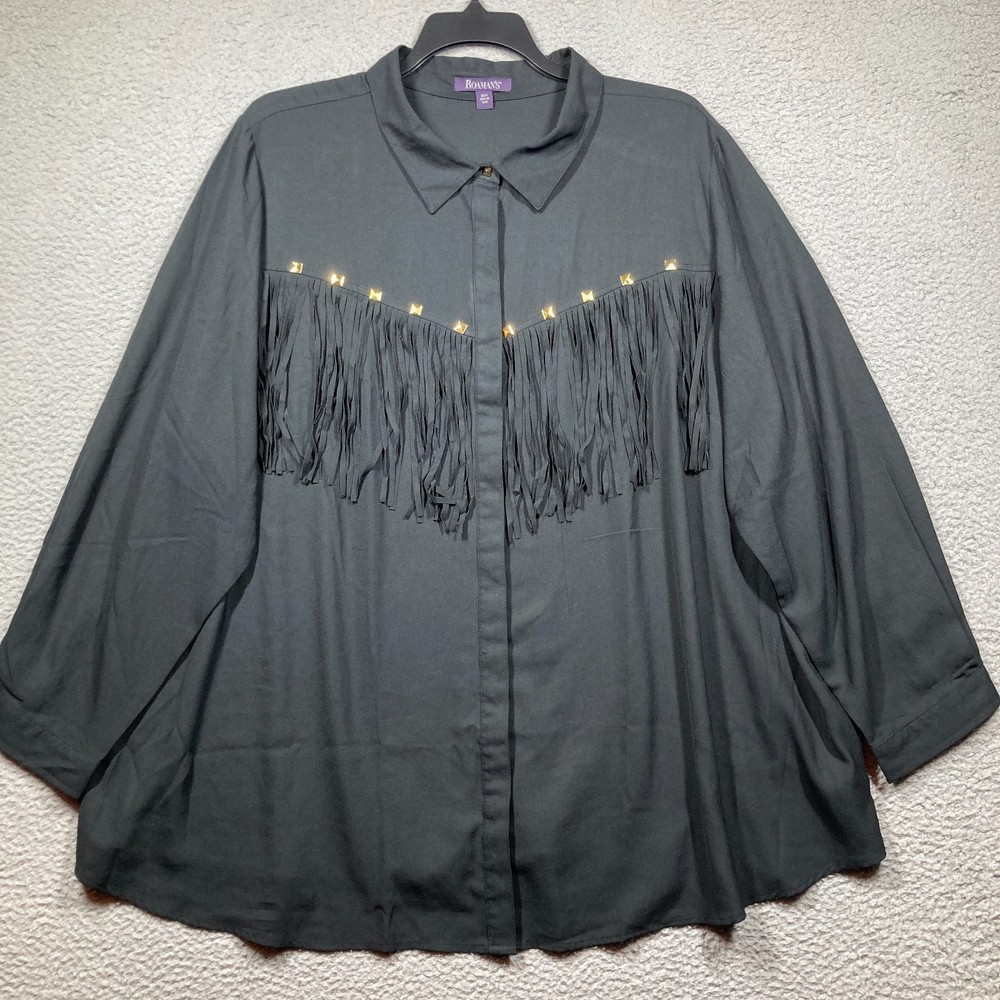 Roaman's Western Top Womens Plus 28W Black Cowgirl Fringe Button Up Flowy Shirt