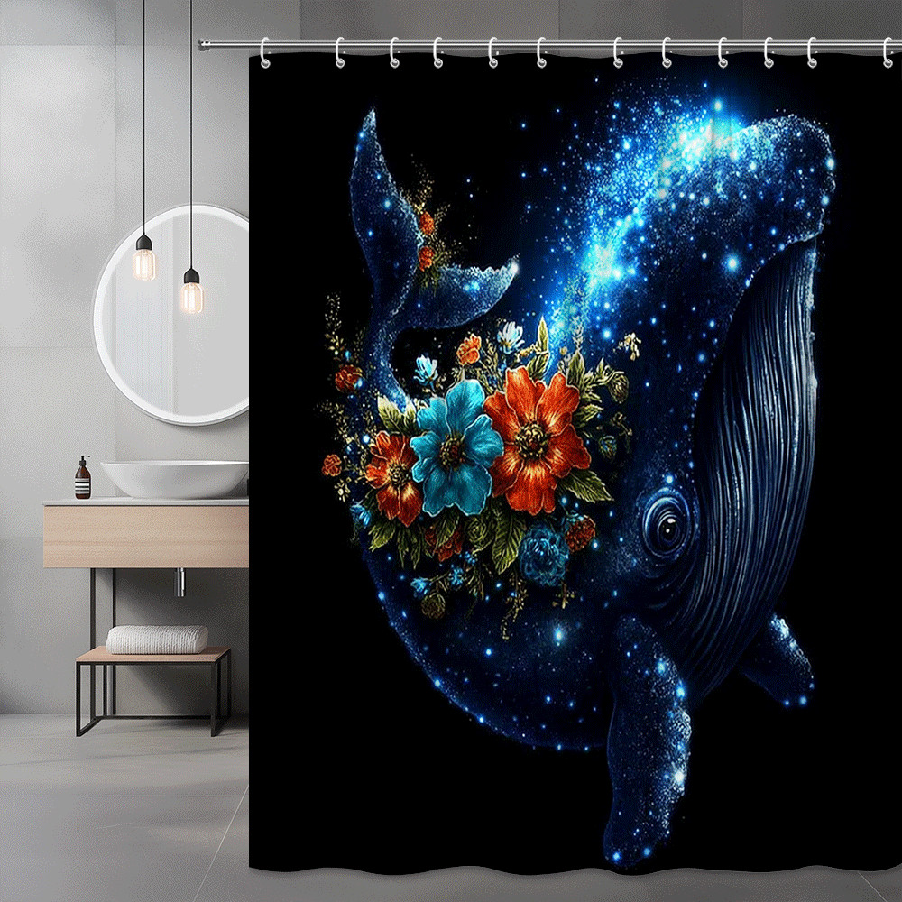 Whale Shower Curtain Blue Floral Ocean Graphic