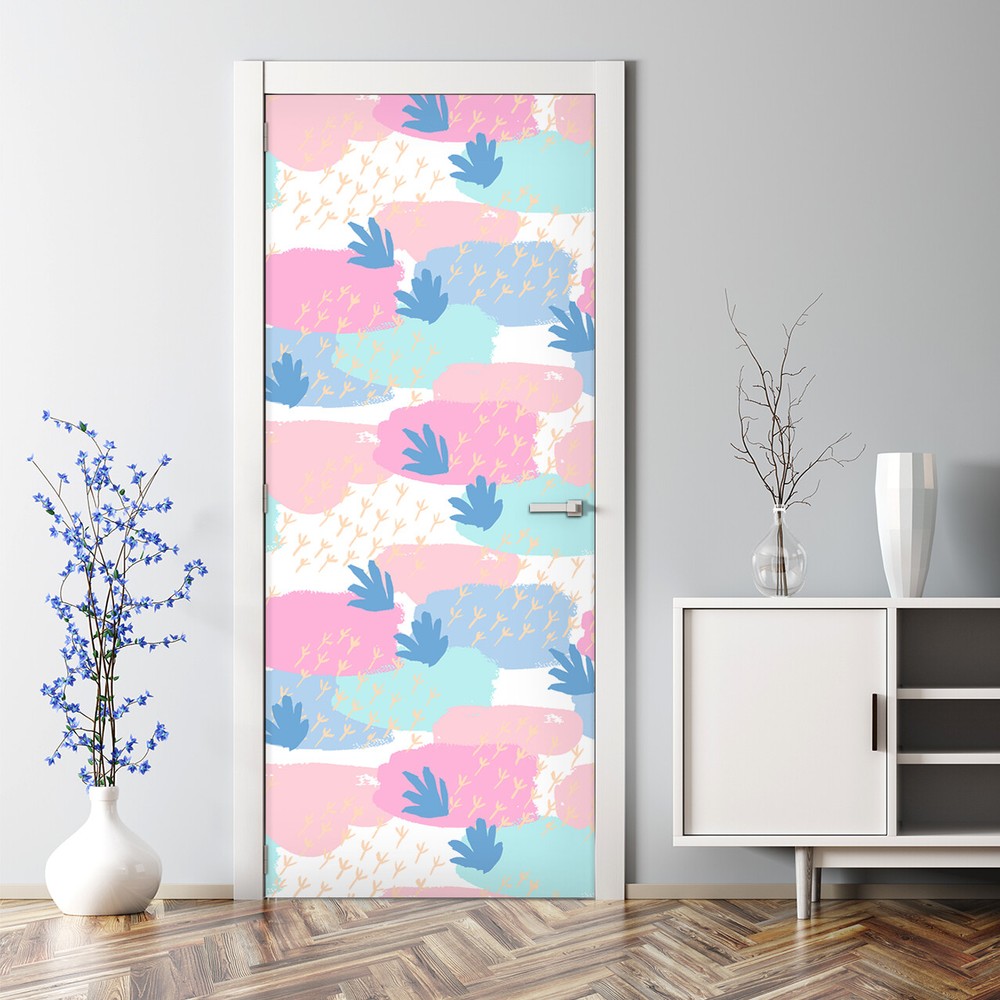Colorful Abstract Adhesive Door Sticker for Kids Room in Girly Pink and Mint Splashes