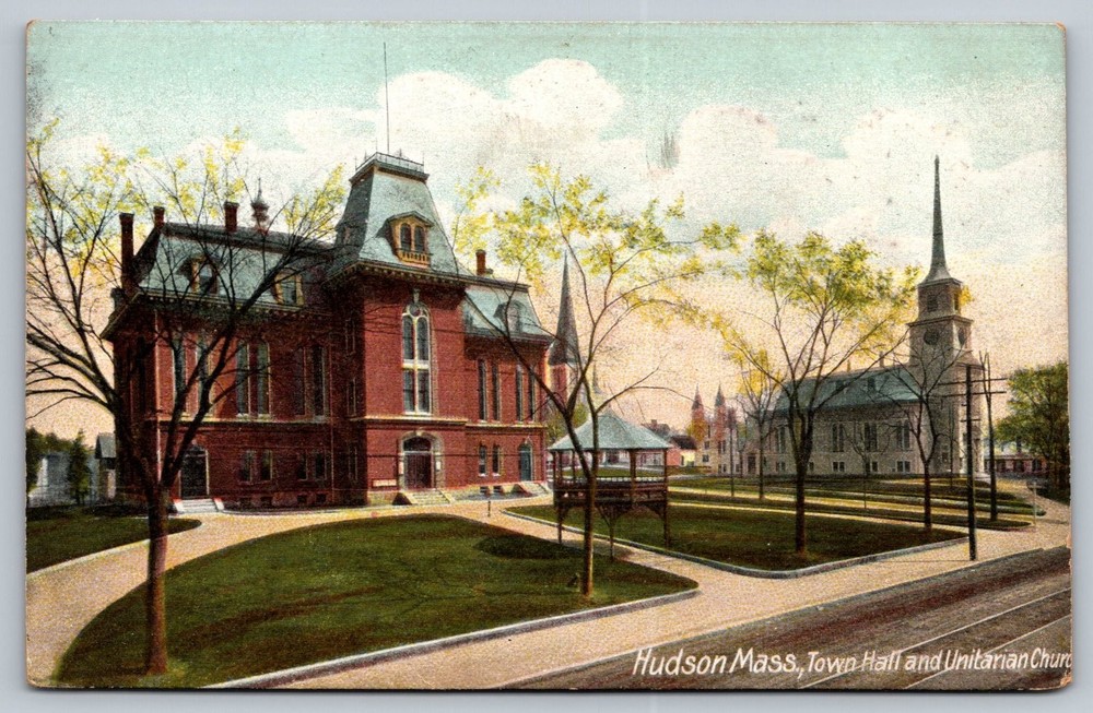 Hudson Massachusetts Town Hall & Unitarian Church Vintage Postcard
