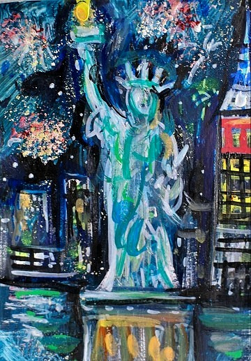 ACEO Original Painting FIREWORKS Summer NY CITY Buildings Statue of Liberty ART