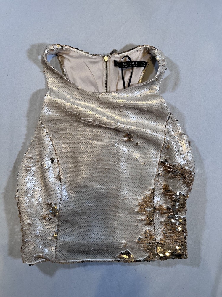 Zara Gold Sequined Sparkly Crop Top, Zipper back Women’s Size X-Small, NWT
