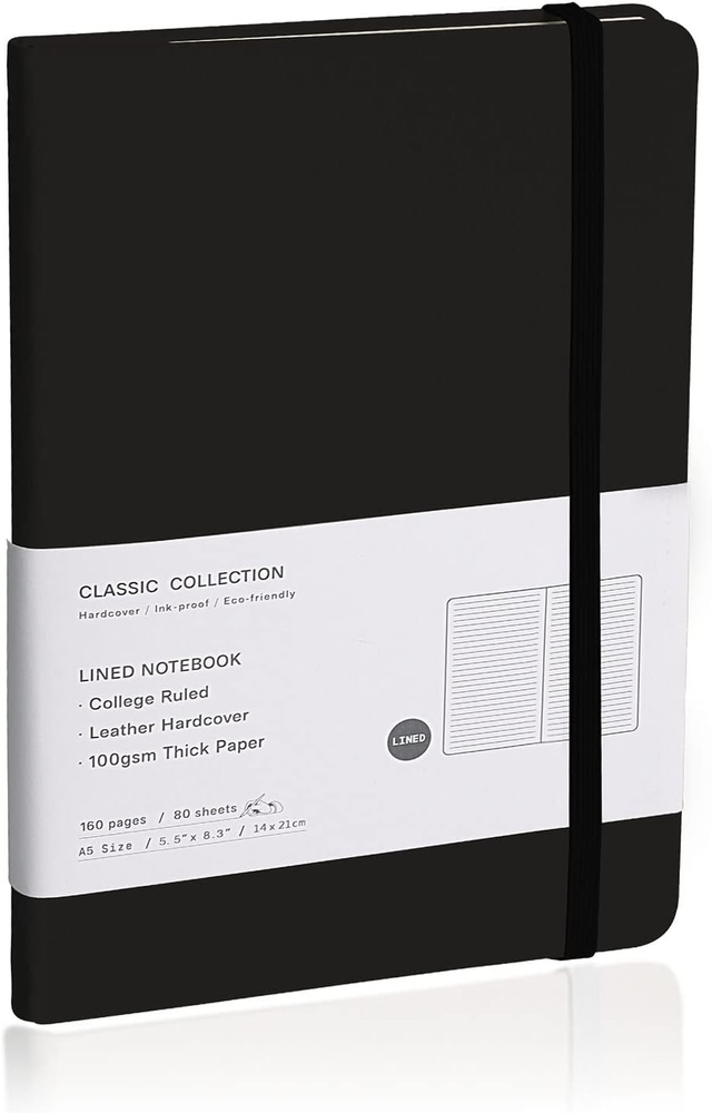 Lined Journal Notebook Medium 5.7x8 160 Pages Hardcover 100gsm Black