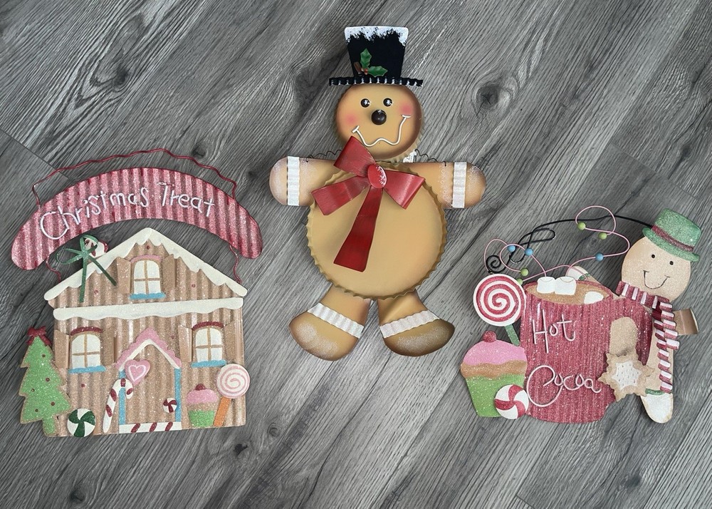 Gingerbread Man / House  Metal Tin Decor Bundle Of 3 Hot Cocoa Christmas Winter