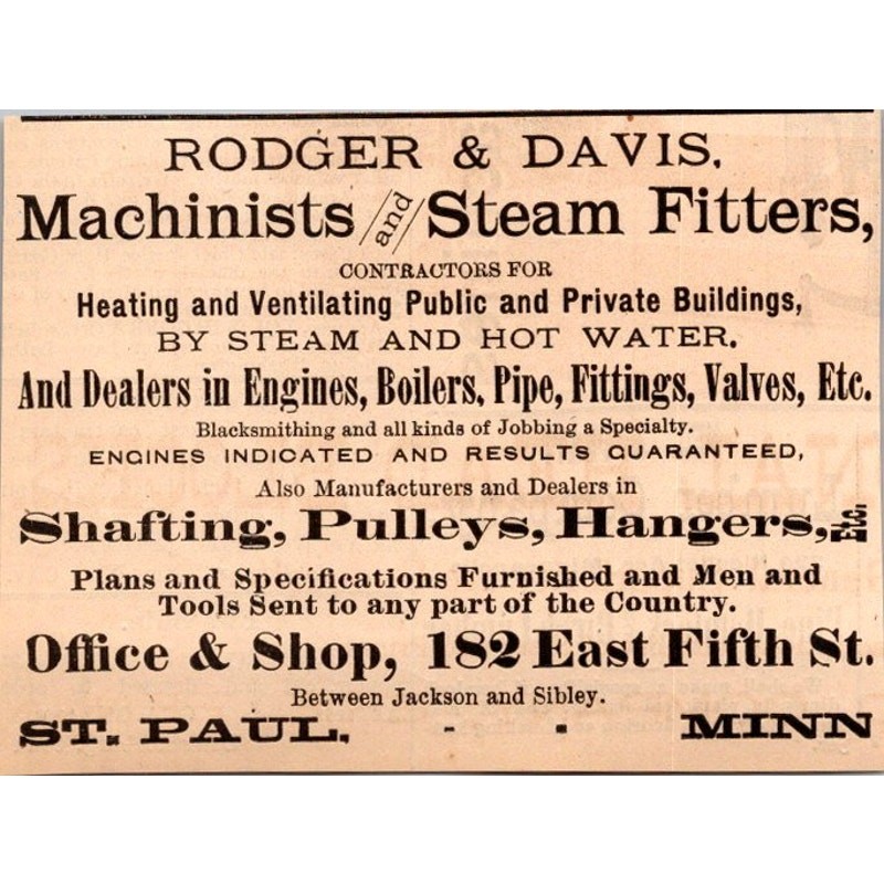 Rodger & Davis Machinists & Steam Fitters St. Paul MN 1885 MN Ad SAJ2-H2