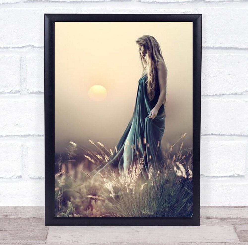 Woman Green Dress Field Sun Wall Art Print