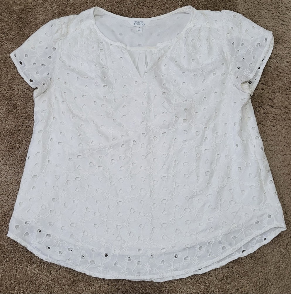 Market & Spruce Eyelet Short Sleeve Top Women's XL White Blouse Boho Cottagecore