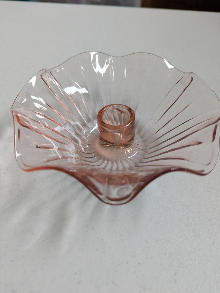 Vintage Pink Depression Glass Ruffled Edge Bowl Candlestick Holder