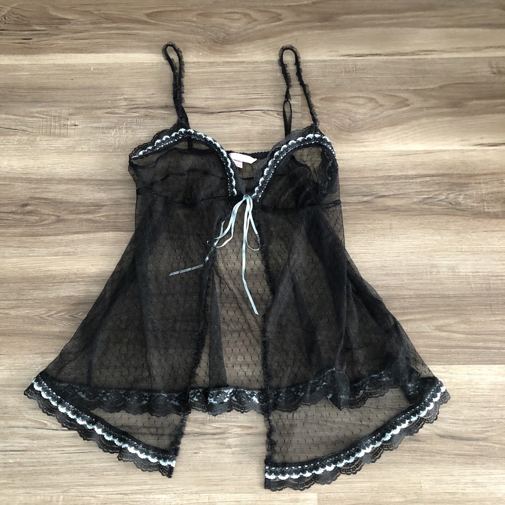 Victoria’s Secret Black Mesh Babydoll Split Front Intimate Slip Dress Size M