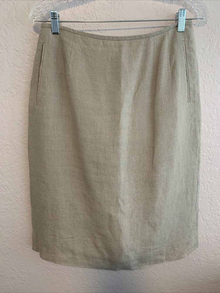 Liz Claiborne, Vintage 100% Linen Pencil Skirt front pockets Back Slit Size 10