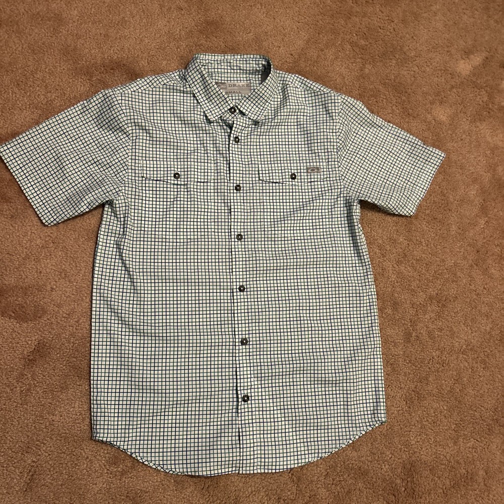 Drake Men’s Vented Button Down Fishing Shirt Size Small Blue Green White Check