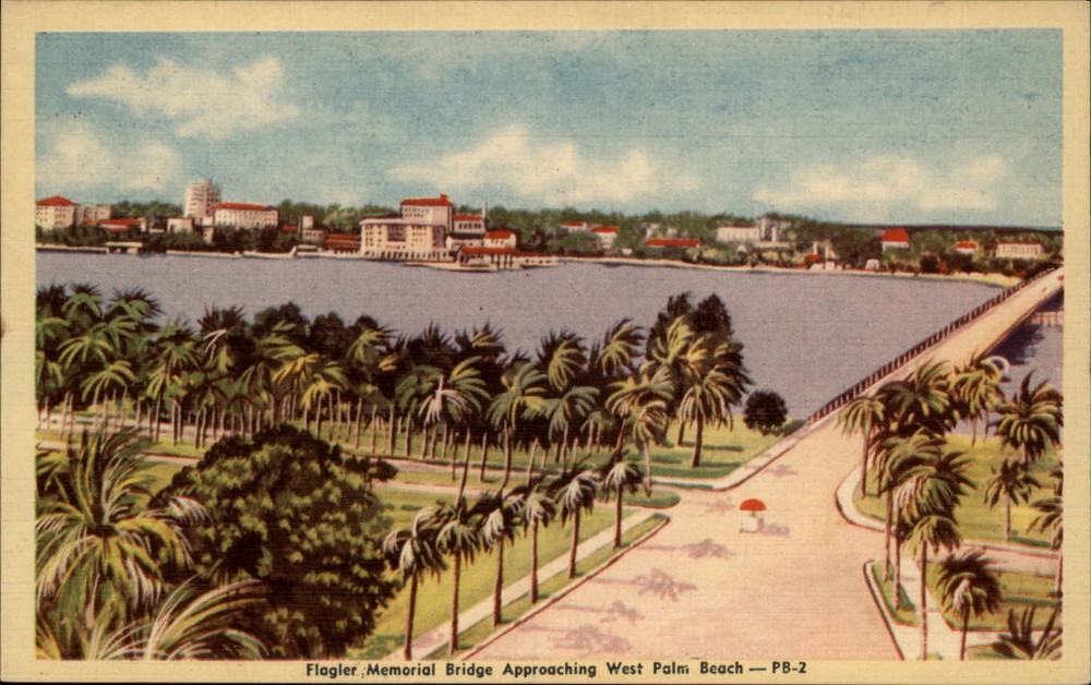 West Palm Beach Florida Flagler Memorial Bridge aerial view ~ 1940s linen