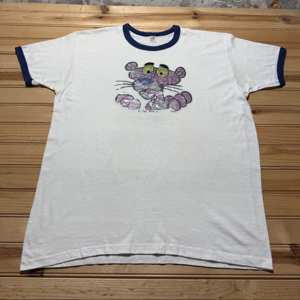 Vintage 80s Hanes Pink Panther Glitter Graphic Dad Cartoon Ringer T-Shirt USA XL