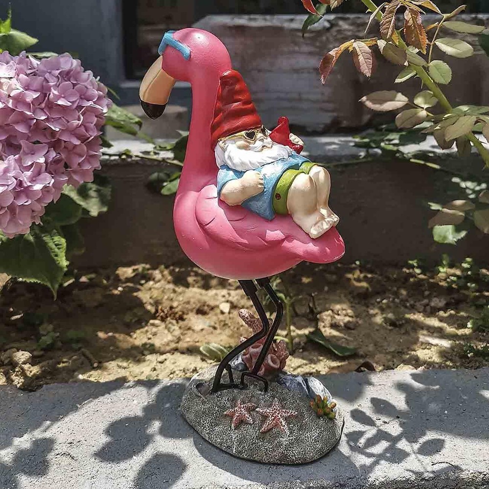 Gnome Garden Statue Funny Gnome Reclining on Flamingo Figurines, Resin Garden...