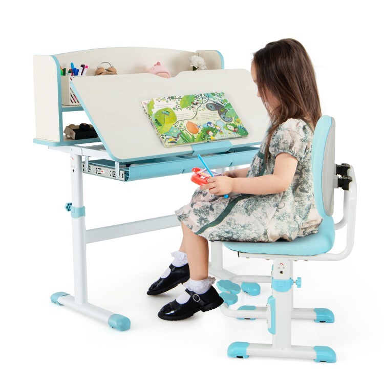 Kids Activity Chair & Tiltable Desktop Set Adjustable W/Drawer & 2-Tier Shelves