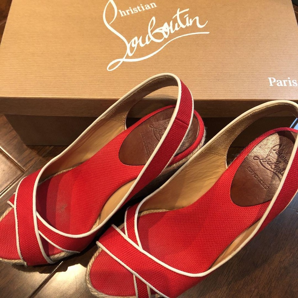 Rare Christian Louboutin Red Wedge Sandals Size US6 (EU36) 10cm Heel - Pre-owned