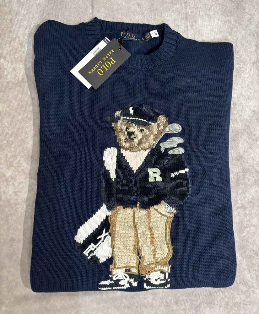 Polo Ralph Lauren Cotton Golf Polo Bear Sweater Mens Size Large Navy Blue