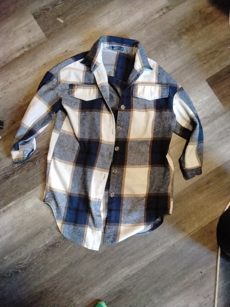 Shein Size Medium Button Up Women's L Long Sleeve Shirt Plaid Blue Black White