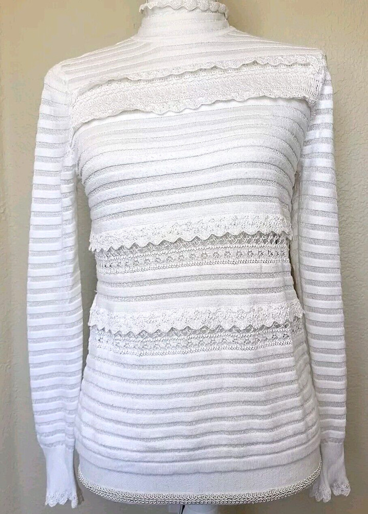 White House Black Market Top Size Sm White Long Sleeve High Neck Cottage Core