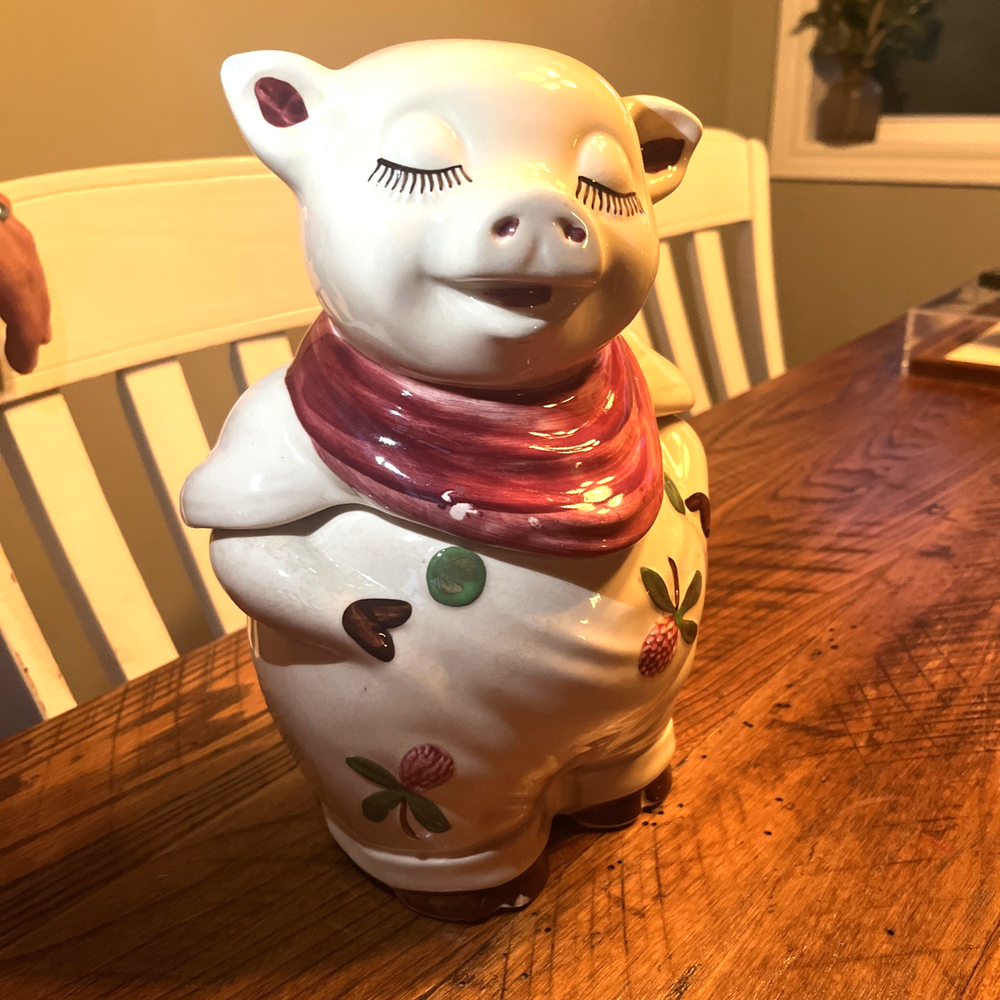 Smiley Pig Cookie Jar w Red Scarf and Flowers. Shawnee 7-1/2