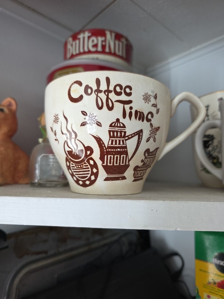 Vintage 1950/ 60s Coffee Time Ceramic Coffee Mug Made In Japan Brown Crazing