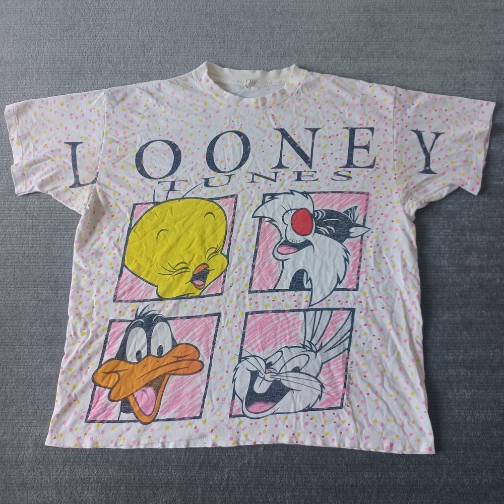 Vintage 1993 Looney Tunes T-Shirt Large Ivory AOP Bugs Daffy Tweety Sylvester