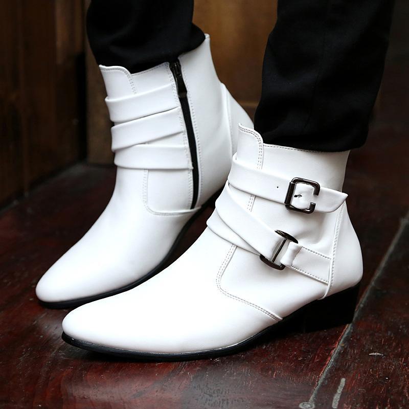 Men Pointy Toe Buckles High Top Ankle Boots Cuban Heel Chelsea boots Shoes