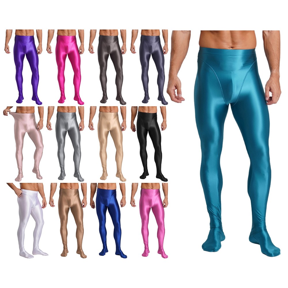 US Mens Shiny Fitness Glossy Tights High Waist Stretchy Activewear Workout Pants