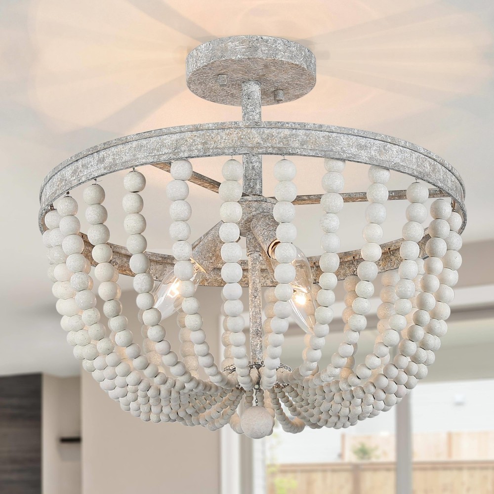 Coastal Farmhouse 3-Light Wood Beaded Semi Flush Mount in Off-White 16D x 13.5H