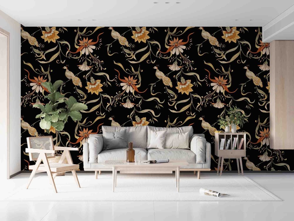 3D Floral Leaf Black Background Wall Murals Wallpaper Murals Wall Sticker