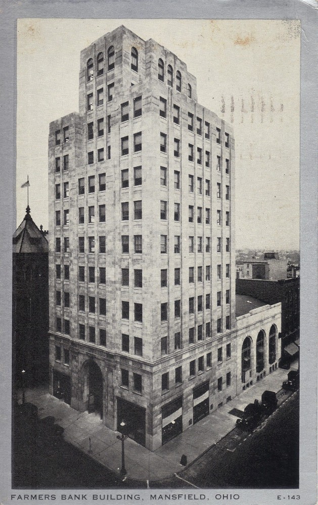 Mansfield OH Farmers Bank Vintage 1937 Postcard Street Scene Cars CLEAR VIEW
