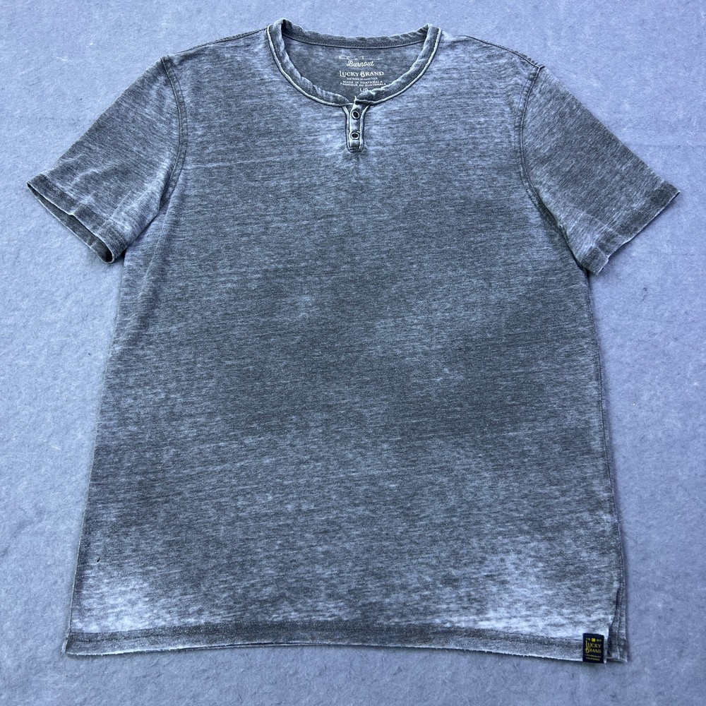 Lucky Brand Shirt Large Venice Burnout Henley Short Sleeve Gray Lightweight Tee*