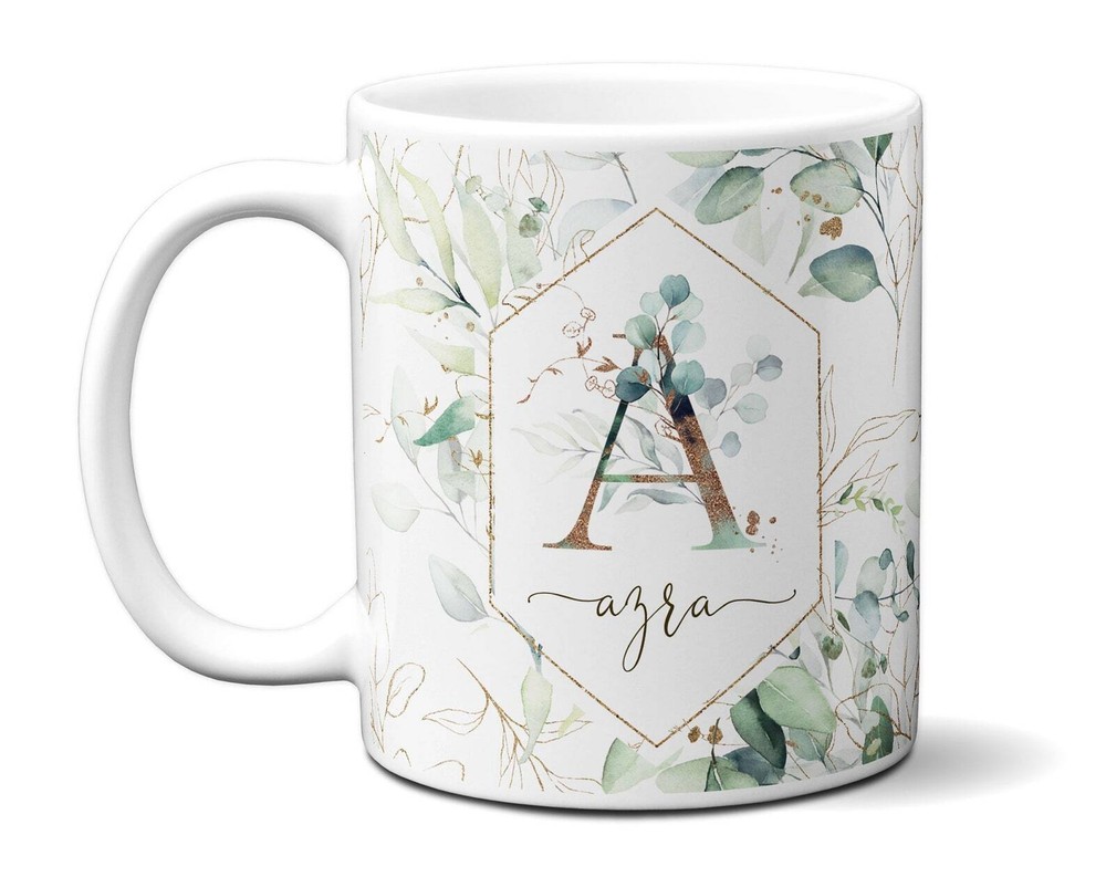 Beautiful Floral & Leaves Monogram Name Coffee Mug A Letter Personalized Ini