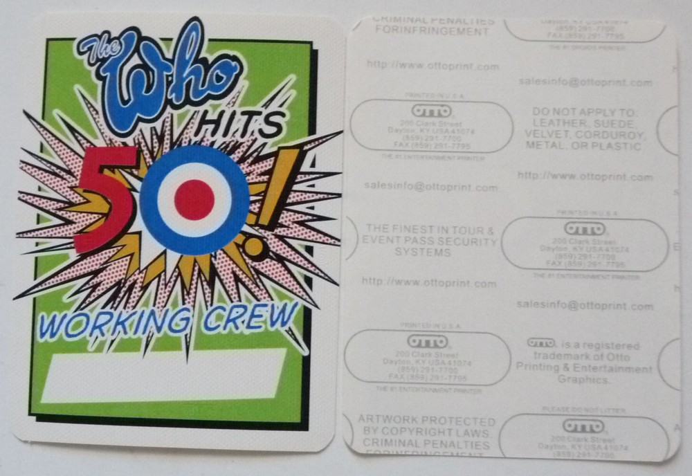 The Who Hits 50 Green Working Crew 2015 Concert Tour Backstage Pass D16