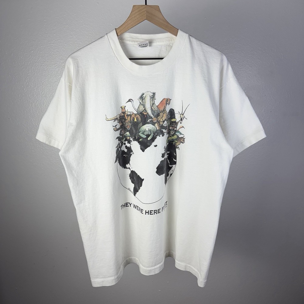 Vintage 90’s Human-i-tees They Were Here First Animal Art Nature T Shirt Size XL