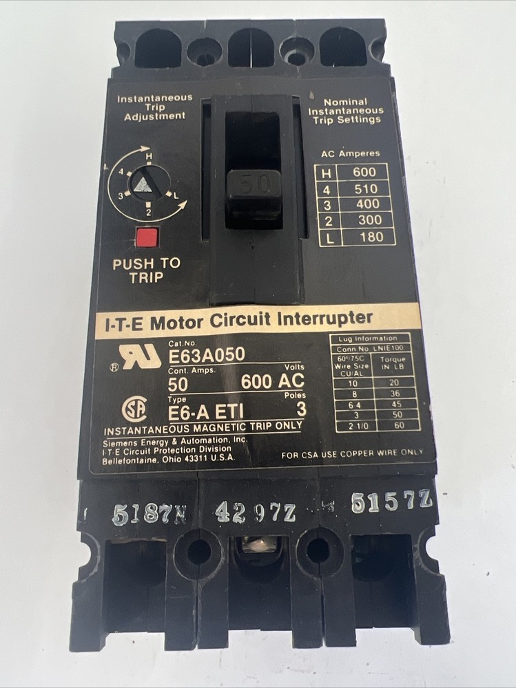 ITE E63B050 50 amp 600 volt E6 3 pole Circuit Breaker