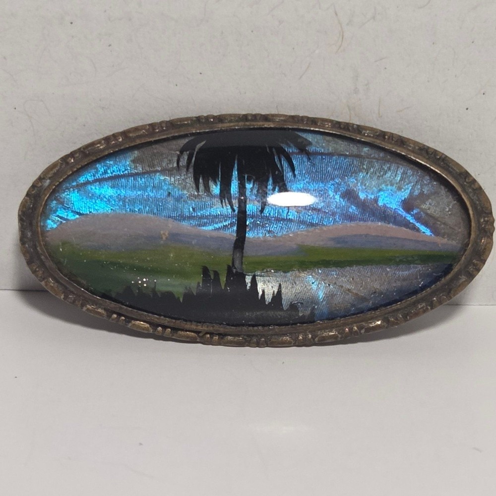 Vintage Art Deco Sterling Silver Morpho Butterfly Wing Tropical Palm Tree Brooch