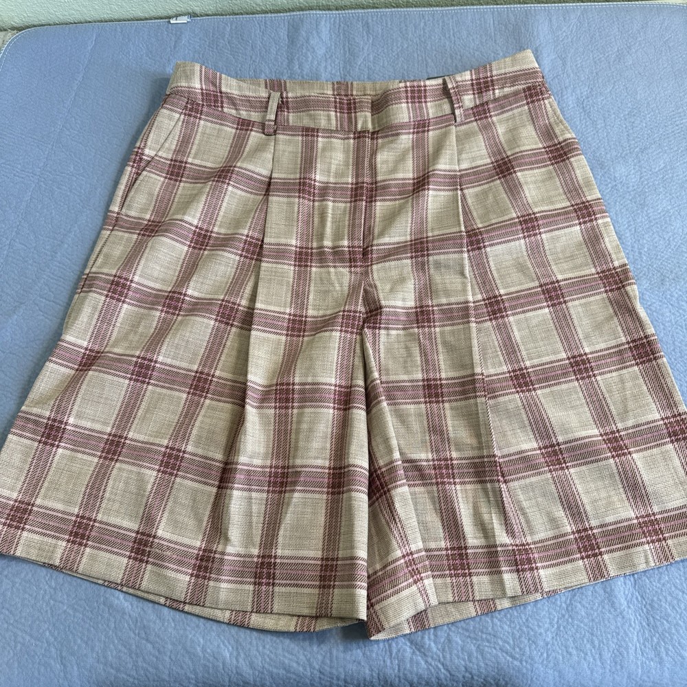 Women’s Worthington Pleated Plaid Shorts Pink Ivory Brown Size 12 Front Pockets