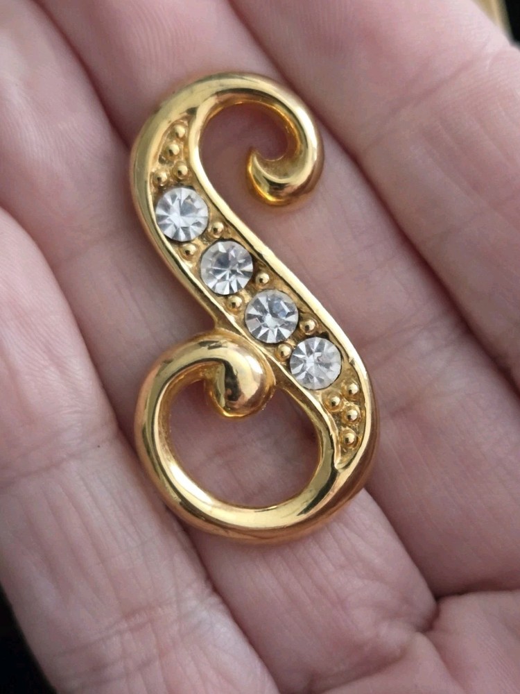 Vintage Rhinestone Script Brooch Pin Capital Letter S Initial Gold Tone Monogram