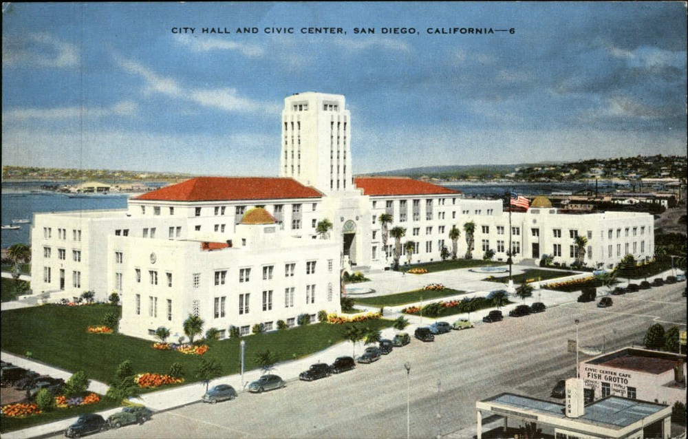 City Hall & Civic Center San Diego California~1940s cars Fish Grotto gas station