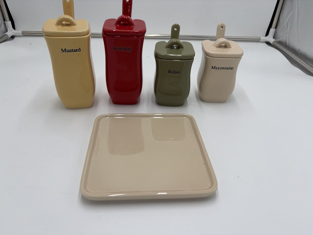 Longaberger Condiment Server Set Ketchup, Mustard, Mayonnaise Relish Minty !
